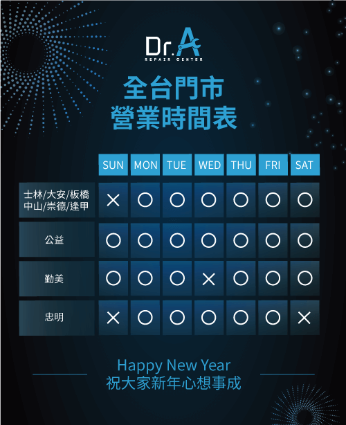 Dr.A元旦連假店休異動公告-MacBook維修推薦